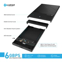 Cablet USB 3.1 Type C 2.5 inch HDD/SSD 6GBPS Speed Enclosure 7mm & 9.5mm Tool-Free Design Supports UASP Max 6TB image 2