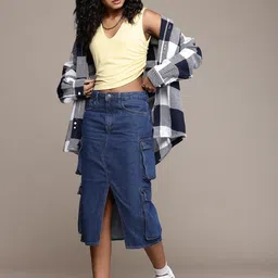 roadster Women Solid Straight Blue Skirt image 5