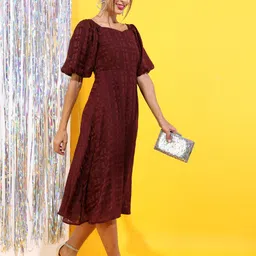 tokyo talkies Women Fit and Flare Maroon Midi/Calf Length Dress image 5
