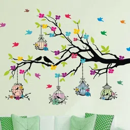 127 cm Natural Tree - Colorful Birds - Birdcage (Ideal Size - Large ) Self Adhesive Sticker-image-9
