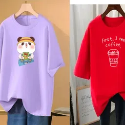 rapturous Pack of 2 Women Printed Round Neck Cotton Blend Purple, Red T-Shirt-picture-16