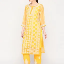 Indiankala4u Floral Embroidered Chikankari Kurta With Palazzos & Camisole image 5