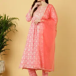 SAABHI Floral Printed Thread Work A-line Kurta with Palazzos & With Dupatta image 5