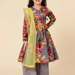 a.t.u.n. A T U N Girls Grey Floral Printed Pure Cotton Angrakha Kurti With Palazzo & Dupatta image 1