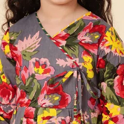 a.t.u.n. A T U N Girls Grey Floral Printed Pure Cotton Angrakha Kurti With Palazzo & Dupatta image 2