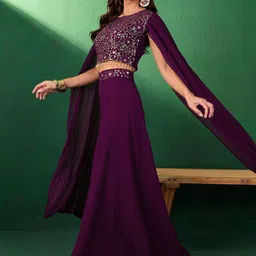 Sangria Floral Embroidered Sequined Crop Top With Palazzo image 4