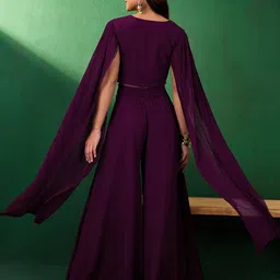 Sangria Floral Embroidered Sequined Crop Top With Palazzo image 3