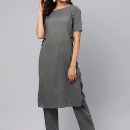 Idalia Women Grey High Slit Pure Cotton Kurta with Trousers-picture-11