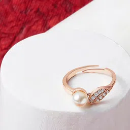 AMI Rose Gold-Plated White CZ-Studded & Pearl Beaded Adjustable Finger Ring-picture-32