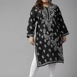 ADA Women Plus Size Black Floral Embroidered Chikankari Kurta-picture-44
