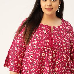 Sztori Women Plus Size Magenta & Cream-Coloured Floral Print Top-picture-2