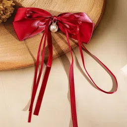 Rubans Women Satin Bow Hair Clip With Pearl Drop & Flowing Ribbon Tails image 2