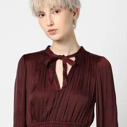 GAP Tie-Up Neck Gathered Detail Puff Sleeves Satin-Finish Party Fit & Flare Midi Dress-picture-19