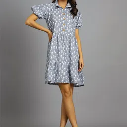 Ravaiyaa Women Floral Printed Shirt Collar Cotton Casual Dress-image-76