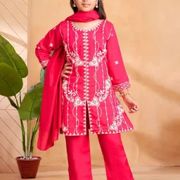 BAESD Girls Ethnic Motifs Embroidered Pure Silk Kurta with Trousers & Dupatta image 3