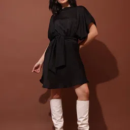 PURVAJA Cowl Neck Kimono Sleeve Satin Fit & Flare Mini Dress-picture-31