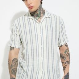 max Men Vertical Striped Cuban Collar Pure Cotton Casual Shirt-picture-2