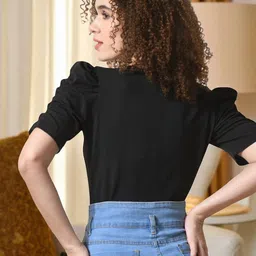 SFOTY Women Solid Keyhole Neck Puff Sleeve Top-image-47