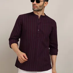 HERE&NOW Striped Mandarin Collar Pure Cotton Straight Kurta-picture-17