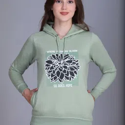 HERE&NOW Women Sage Green Floral & Text Graphic Printed Casual Hoodie-image-77