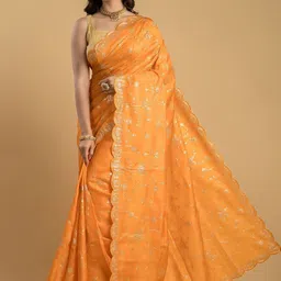 Silk Petalss Floral Embroidered Silk Blend Heavy Work Core Saree image 5