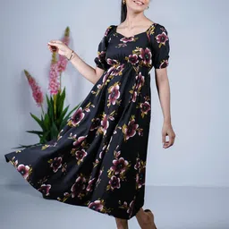 Eilaa Women Floral Print High-Low Fit & Flare Midi Dress-picture-38