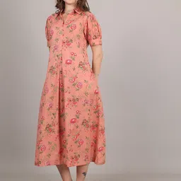 Jivitha Floral Printed Shirt Collar A-Line Cotton Midi Dress-picture-31