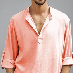 KNOWTED Band Collar Roll-Up Sleeves Straight Short Kurta image 2