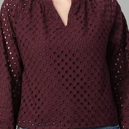 all about you Women Self Design Puff Sleeve Cotton Schiffli Top image 3