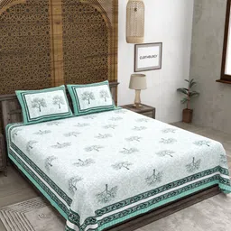 CLOTHOLOGY Sea Green & White Printed Pure Cotton 180 TC King Bedsheet Set 2.75 m x 2.25 m-picture-30