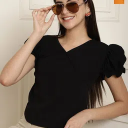 Metronaut Women Solid V-Neck Puff Sleeve Regular Peplum Top-picture-18