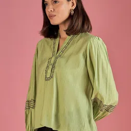 routes by all about you all about you Mandarin Collar Puff Sleeve Blouson Top image 3