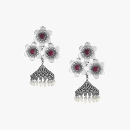 adwitiya collection Adwitiya Silver-Plated Artificial Stones Studded And Beaded Dome Shaped Oxidised Jhumkas image 3