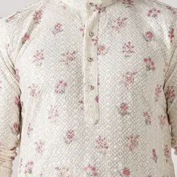 Anouk Men Off-White & Pink Floral Printed Mandarin Collar Straight Cotton Kurta image 5