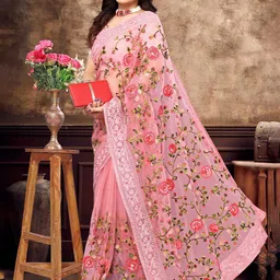 NEGRONI Floral Embroidered Net Saree image 2