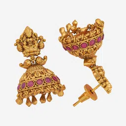 Kushal's Fashion Jewellery Gold-Plated Ruby Stone Studded Dome Shaped Antique Jhumkas image 2