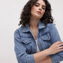 The Roadster Life Co. Spread Collar Slightly Ripped Crop Denim Jacket-picture-7