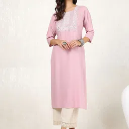 Soch Pink Floral Yoke Design Round Neck Sequinned Straight Kurta-image-40