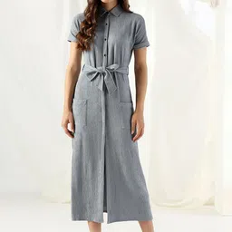 Selvia Women Solid Shirt Collar Shirt Maxi Dress-image-43