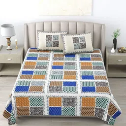 Wayne Martin White & Blue Floral 300 TC Pure Cotton King Bedsheet With 2 Pillow Covers-image-84