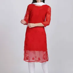 KHAKA Women Ethnic Motifs Embroidered Regular Chikankari Kurta with Trousers image 3