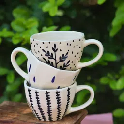 WEAVING HOMES White & Black 3 Pieces Printed Ceramic Glossy Mugs-210 ml Each image 4