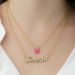DressBerry Gold-Plated Layered Pink Butterfly Babygirl Word Necklace-image-19