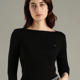 Tommy Hilfiger Women Solid Boat Neck Cotton Slim Fit T-shirt-image-90