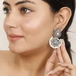 VIVAZS Silver-Plated Artificial Stones And Beaded Contemporary Oxidised Drop Earrings image 4