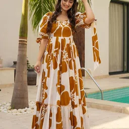 Honky Tonky Women Floral Print Puff Sleeve Crepe Fit & Flare Maxi Dress-picture-11