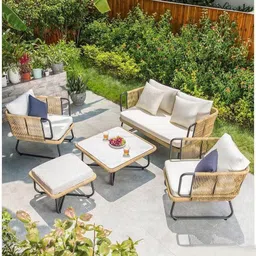 patio street Patio Outdoor 5pcs All-Weather Rope Sofa Conversation Set with Cushioned Chair, Ottoman & White Marble Top Center Table for Garden, Terrace, Balcony, Poolside (Beige & White) image 1