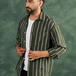 CHIMPAAANZEE Men Oversized Fit Vertical Striped Spread Collar Casual Shirt image 2