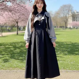 HERE&NOW Women Colourblocked Mandarin Collar Puff Sleeve Fit and Flare Midi Dress-image-38