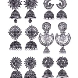 MEENAZ Set Of 6 Silver-Plated Oxidised Dome Shaped Jhumkas-image-71